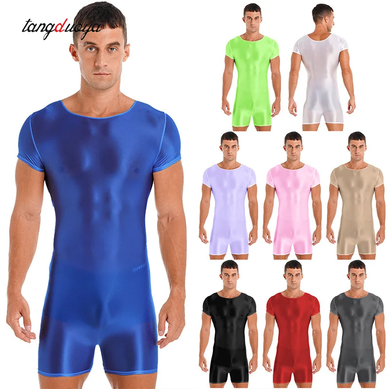 Men Bodysuit Short Sleeve Oil Shiny Glossy Tights High Elastic Shapers Leotard Men One-Piece Swimsuit Shorty Jumpsuit