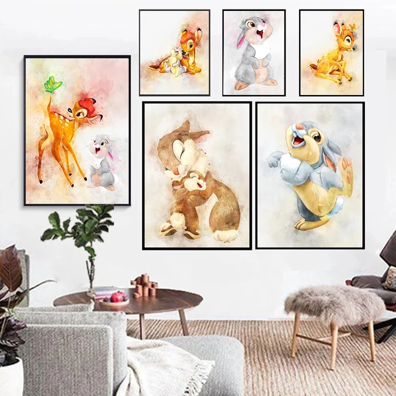 Disney Bambi And Thumper Watercolor Poster Prints For Home Decor Cartoon Rabbit Deer Squirrel Animal Canvas Painting Wall Art