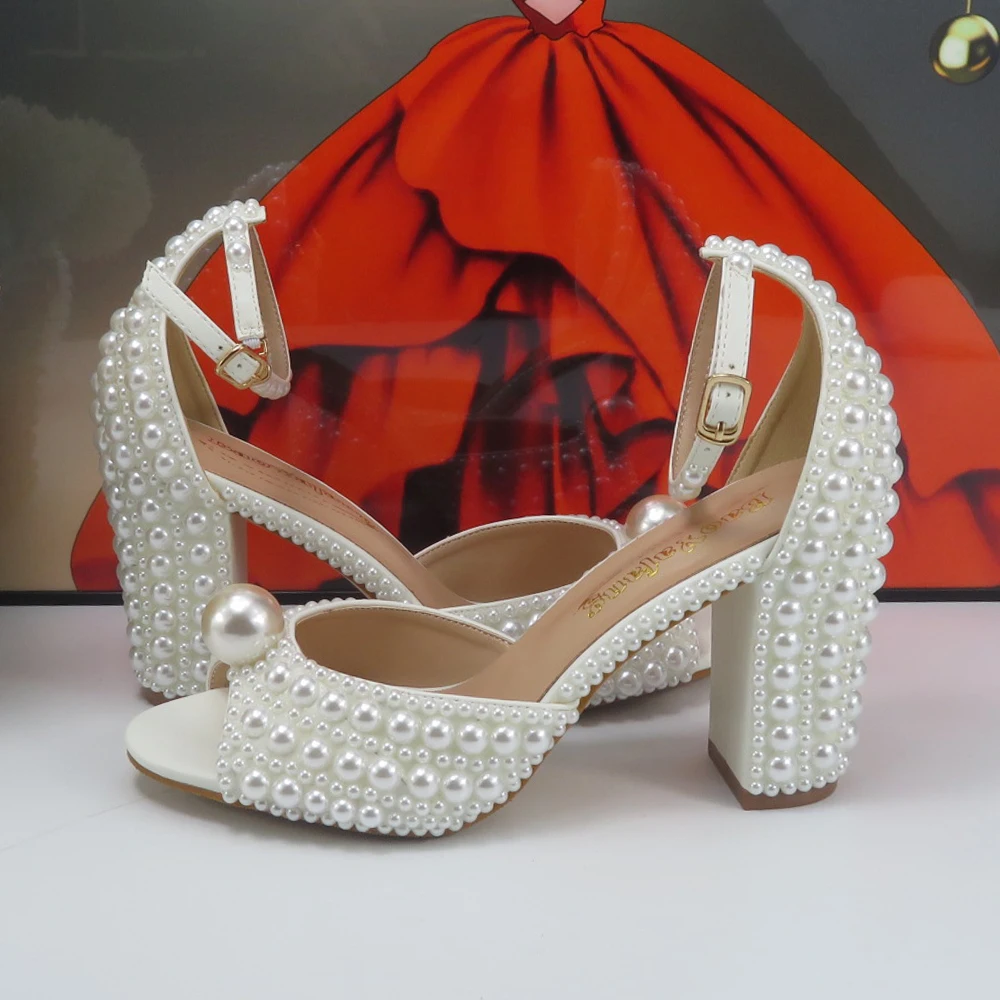 Fashion White Beads Pearl women wedding shoes Bride High heels shoes ladies super big size party dress shoes woman Fish toe view 5