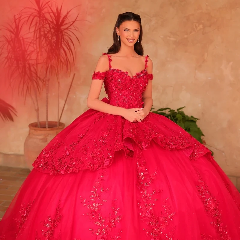 빨간색 반짝이는 킨세아녜라 드레스, 오프숄더 아플리케 레이스 비즈 튤 코르셋 파티 생일 스위트 16 드레스