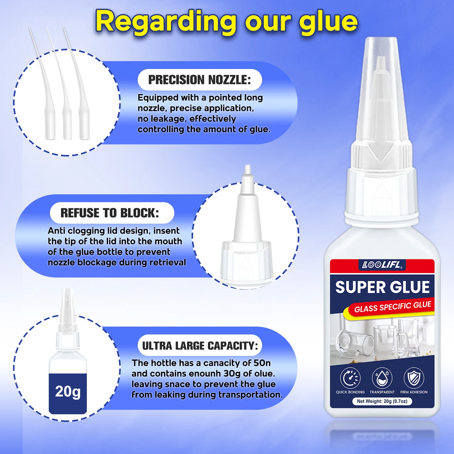 Colle pour verre forte, colle pour bijoux, liaison en trois secondes, la colle instantanée est transparente et insipide. Réparation sans couture, adaptée