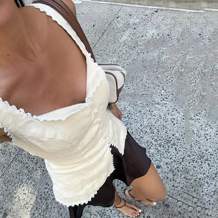LIMO 2026 New Arrival V-Neck Sleeveless Blouse Ruffle Edge Button Front Casual Office Wear Top for Women