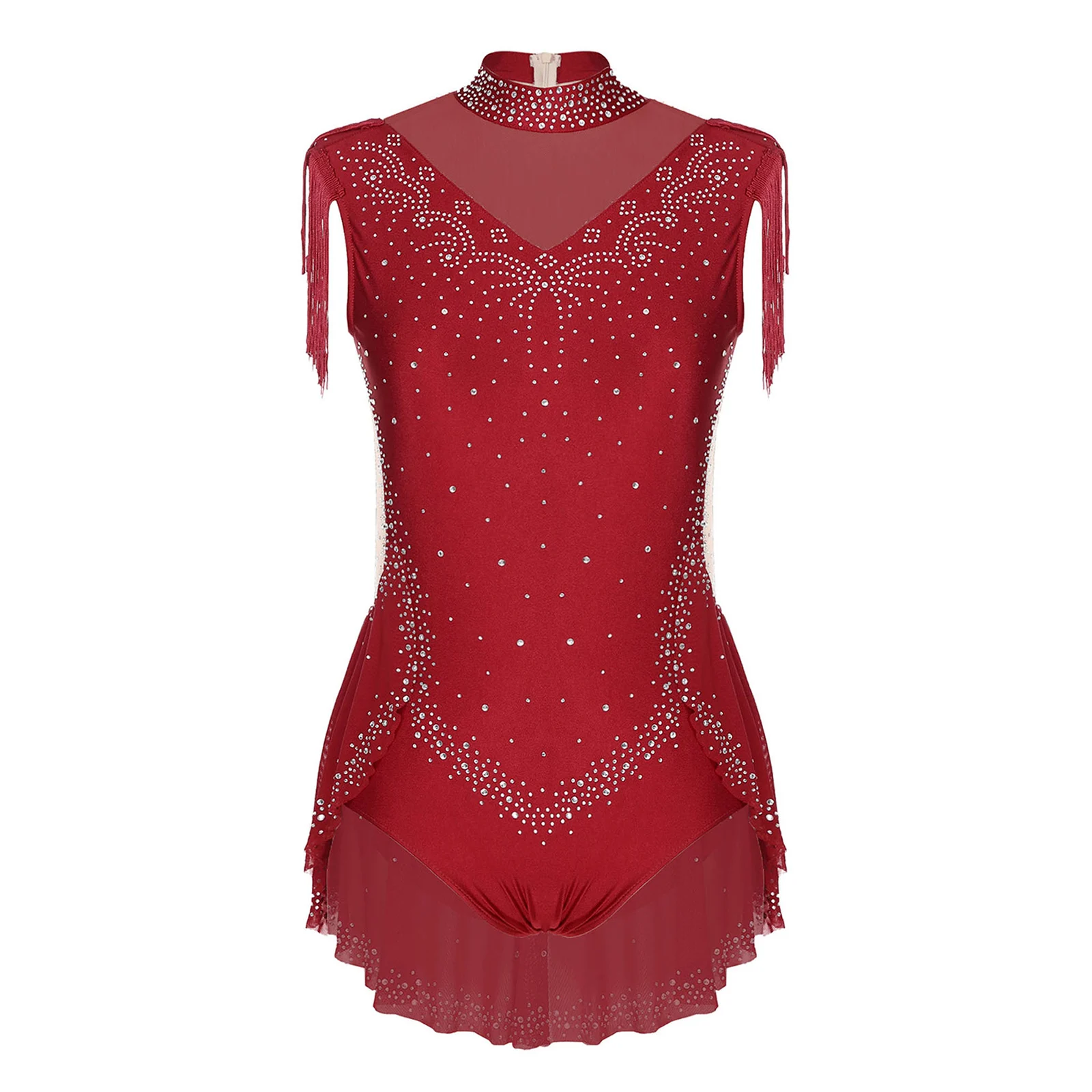 6-16Y الفتيات أكمام شرابة الراين شبكة الشكل التزلج ارتداءها الرقص اللاتينية غنائية الباليه الجمباز يوتار Dancewear #2