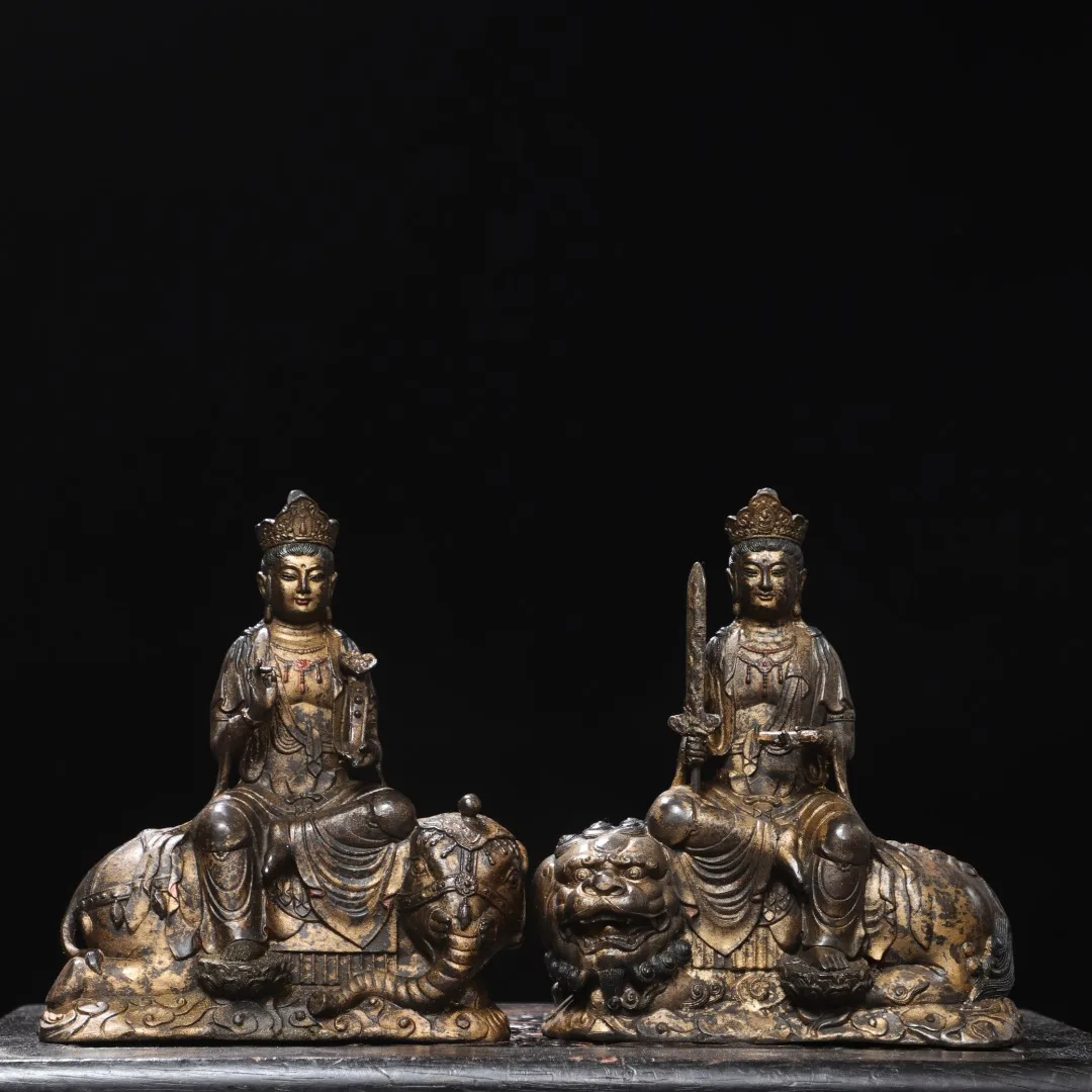 Old Bronze Gilded Cinnabar Mud gold Manjusri Bodhisattva Samantabhadra Sitting Buddha Mount divine beast Amitabha  Worship Hall