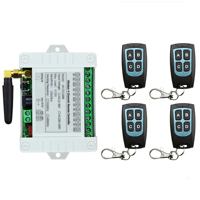 

Универсальный беспроводной пульт дистанционного управления DC 12 В 24 В 36 В 4CH 4 CH 10A Модуль релейного приемника с 4-канальным RF 433 МГц передатчиком