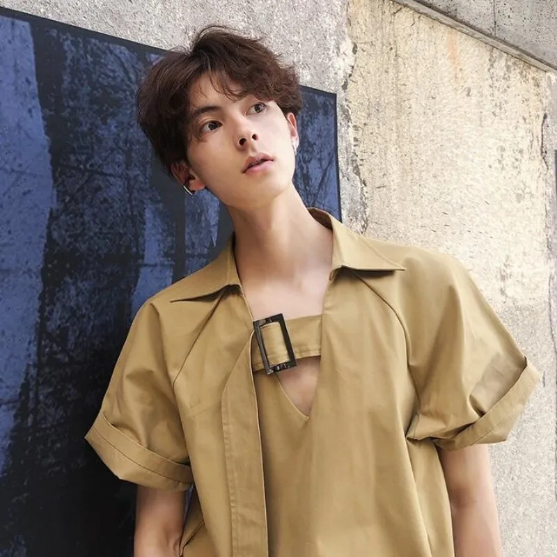 New Summer Short Sleeve Shirt Male Korean Trend Personality Casual Ribbon Fashion Loose Shirts Hip Hop Men High Quality Clothes