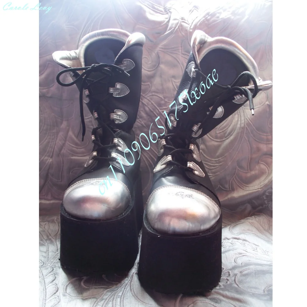 Gothic Platform Ankle Boots Black Sliver Patchwork Faux Leather Lace Up Super Thick Sole Punk Streetwear Cosplay Mid Calf Boots