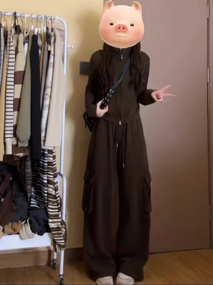 

plus Size Women's Hong Kong Style Casual Outfit Autumn Winter Thickened Two-Piece Set Wide Leg Pants Hoodie Zipper Closure