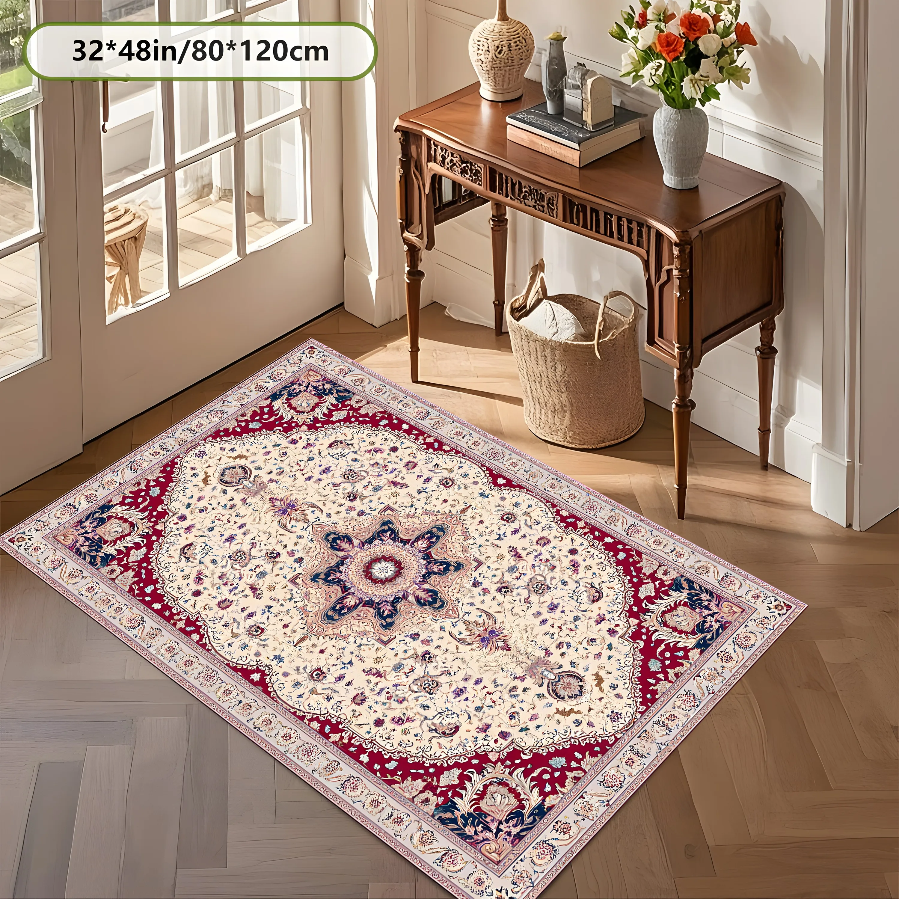 2D Carpet with Retro Persian Eight-Star Floral Pattern in Light Luxury Retro Style for Living Room, Bedroom, and Coffee Table Area