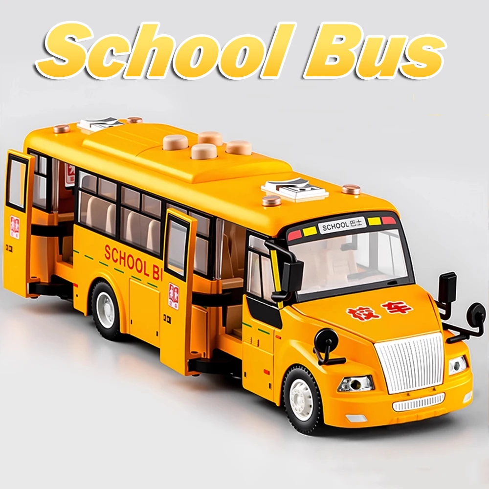 1:24 escala ônibus escolar modelo de carro de brinquedo liga diecast som luz puxar para trás porta aberta veículos de simulação para crianças presentes de aniversário