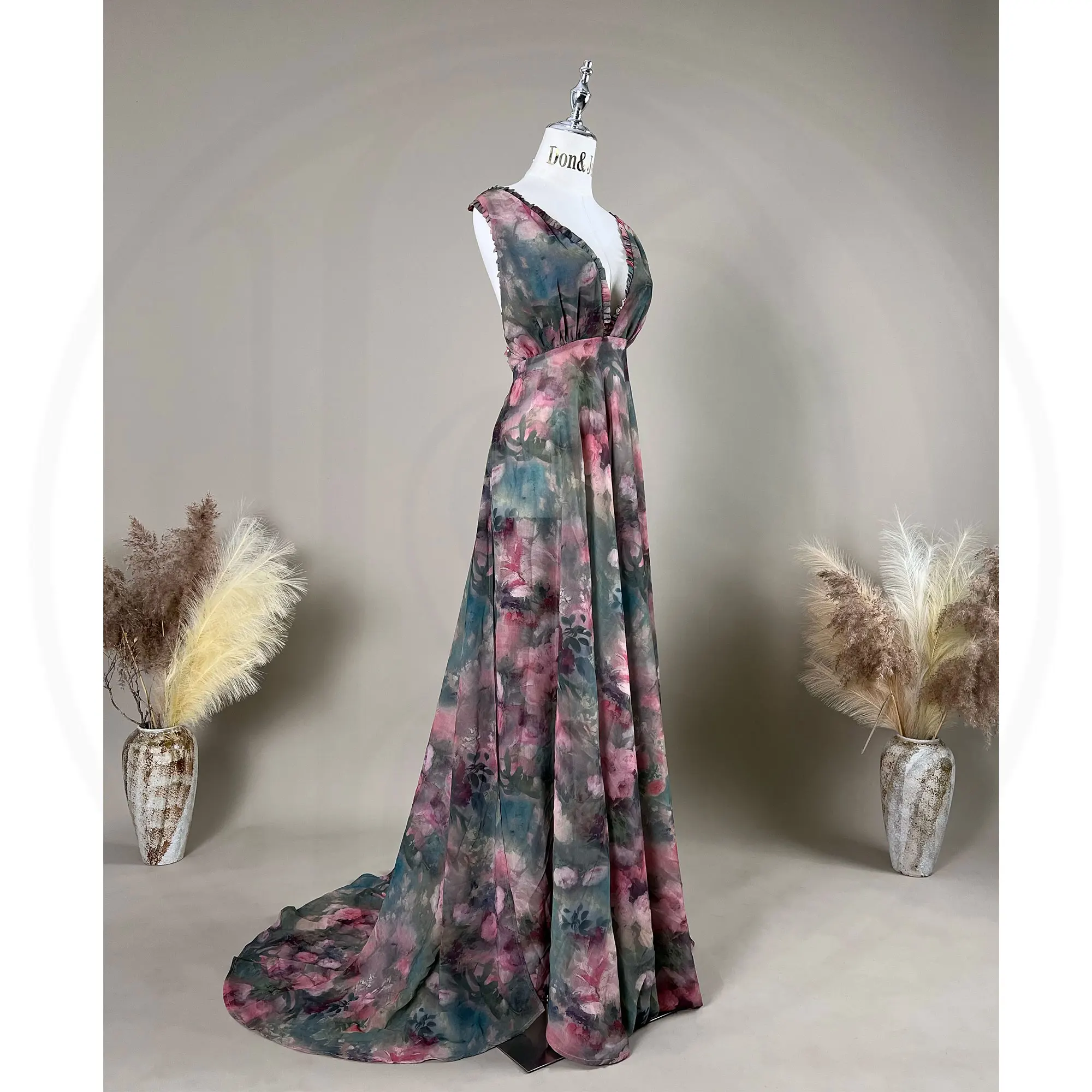 Don&Judy Bohemian Flower Print Mother Daughter Photo Shooting Dresses Party Gown Elegant Mommy And Me Family Photography Outfit