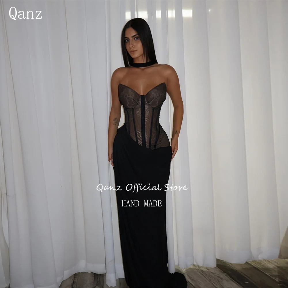 

Qanz Black Mermaid Evening Dresses Corset Back Swetheart Robes De Soirée Illusion Elegant Dresses For Special Event Customized