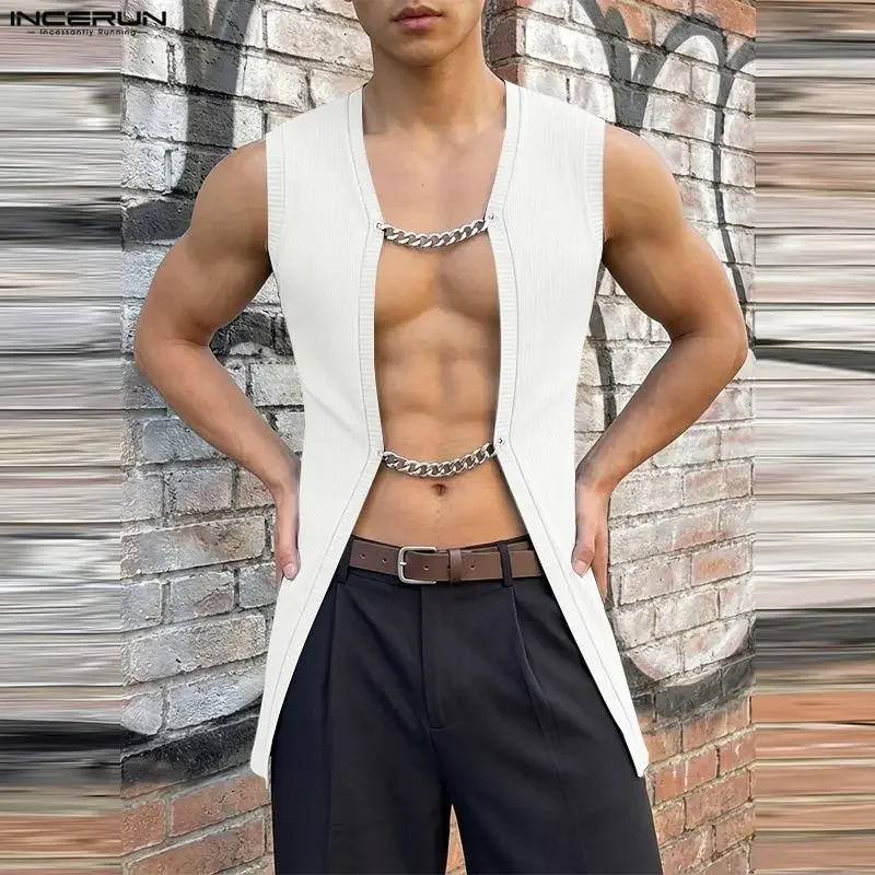 INCERUN Men's Tank Tops Solid Open Stitch Summer Male Vests Cardigan Streetwear 2026 Sleeveless Sexy Fashion Tops Men Clothes