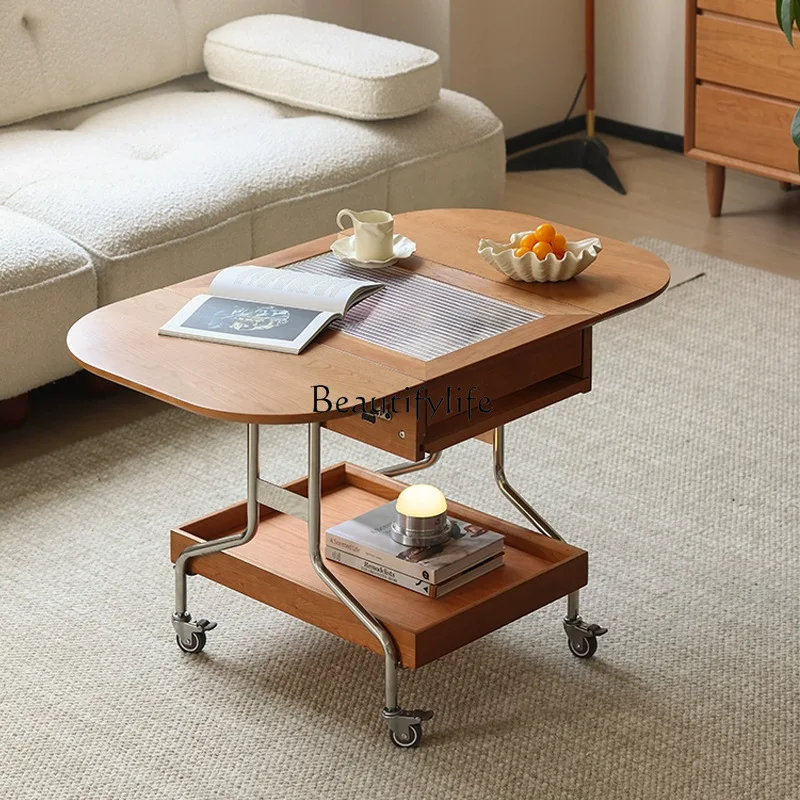 

Nordic simple movable folding coffee table solid wood small apartment living room cherry wood cart