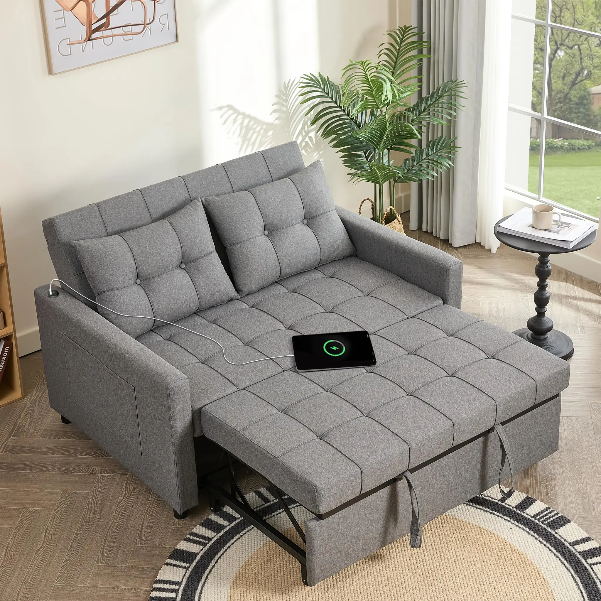 

52-inch Sofa Bed with Pull-out Bed 3-in-1 Convertible Sofa Bed Loveseat Sofa with Stepless Adjustable Backrest and Side Pockets