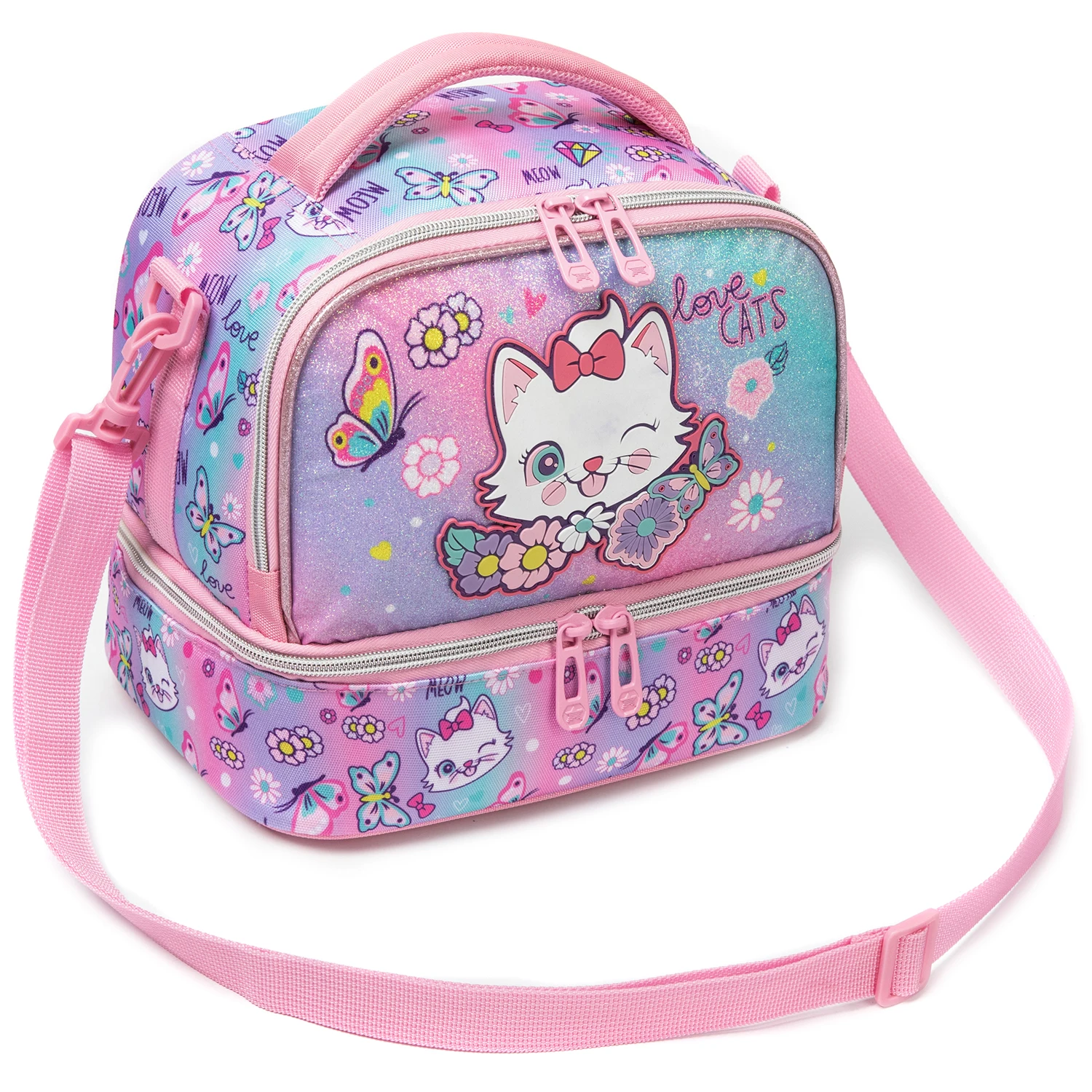 Cute Cat Print Glitter Double Layer Lunch Bag for Kids Girls with Shoulder Strap, Insulated Lunch Tote for School Picnic Travel view 4