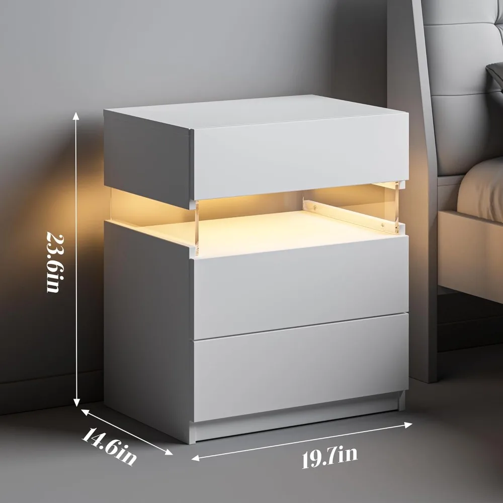 Nightstands Set of 2 LED Nightstand White with Drawers Set of 2 Bedside Tables White LED Lights for Bedroom Living Room White