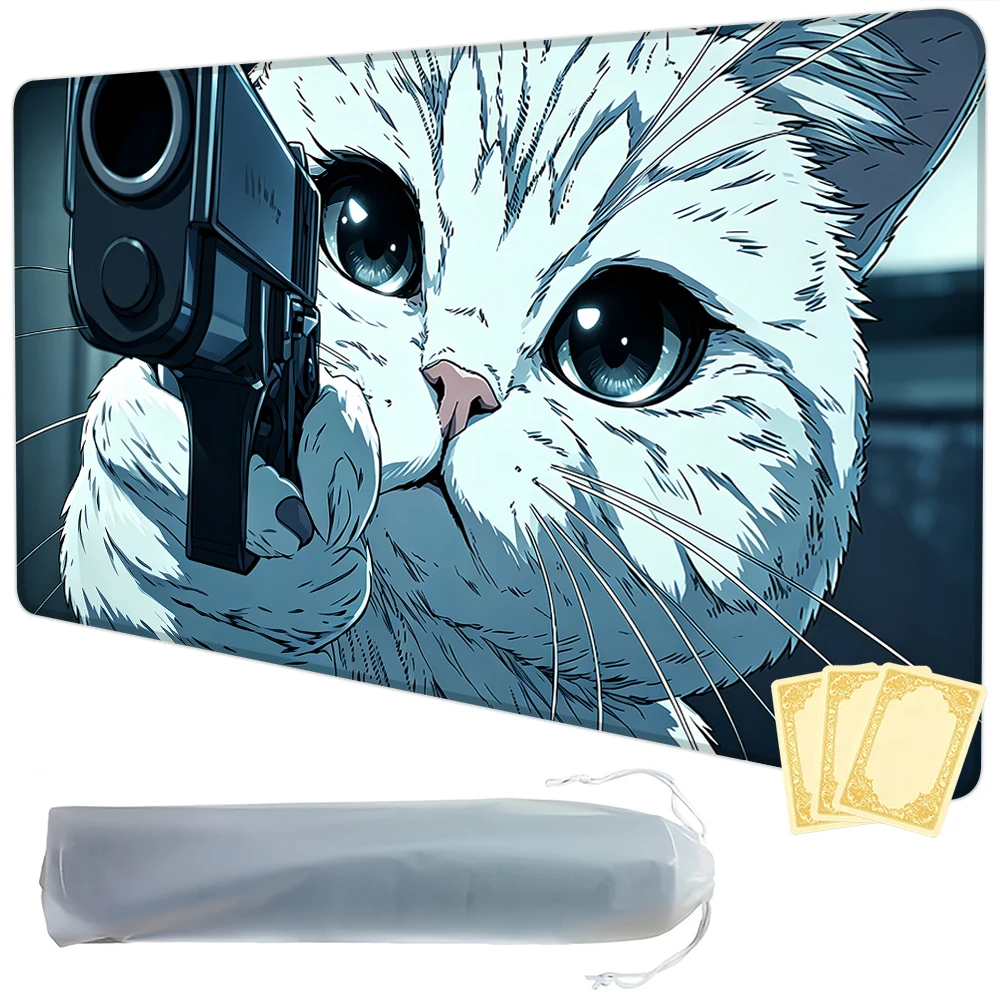 Interesting white cat TCG Playmat Magic Playmat Gathering Gaming Mat with Stitched Edge Anti-slip base 60X35cm Trading Card Game