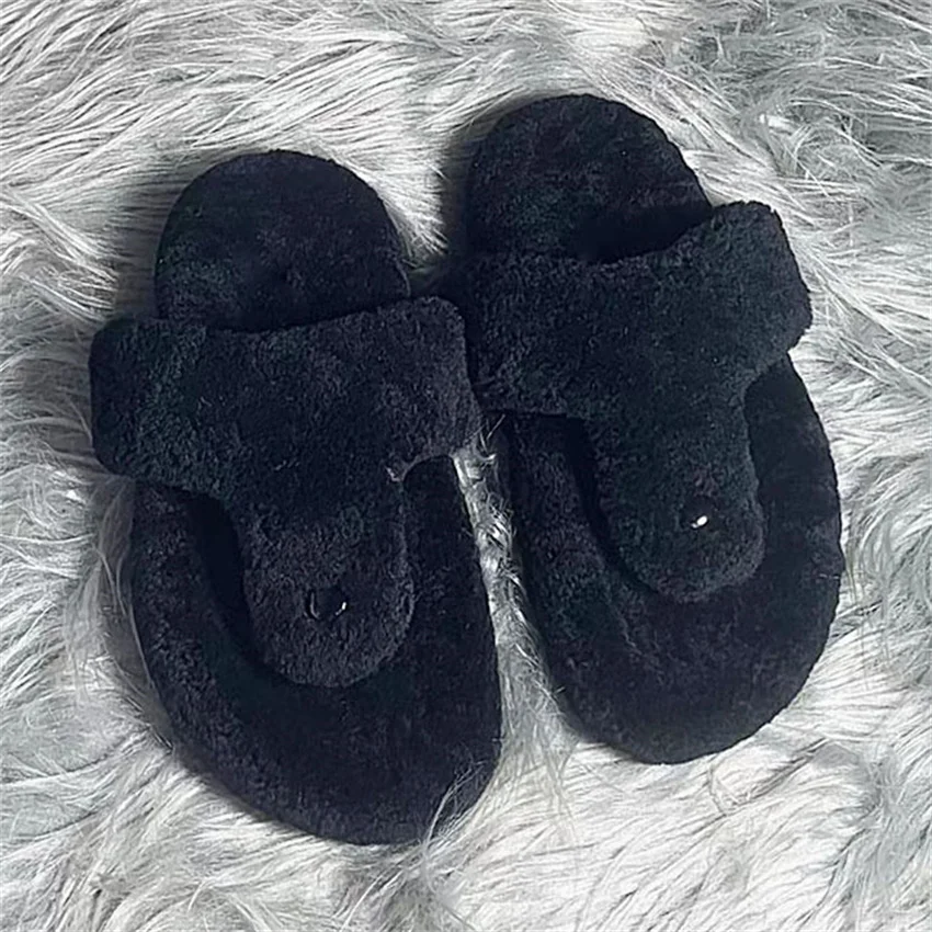 Comwarm Fluffy Winter Slippers For Women Furry Fuzzy Home Shoes Wool Fur House Plush Slippers Indoor Warm Comfy Flats Flip Flops