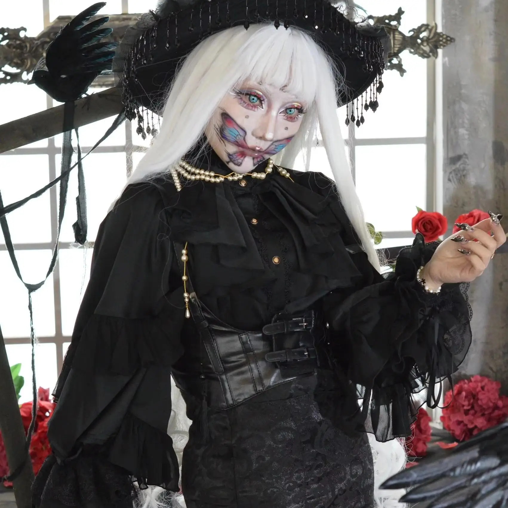 Dark Gothic Japanese Shirt Y2k Top Lolita Girls Ruffle Umbrella Skirt High Waist Oversized Long Skirt Student Elegant Blouse