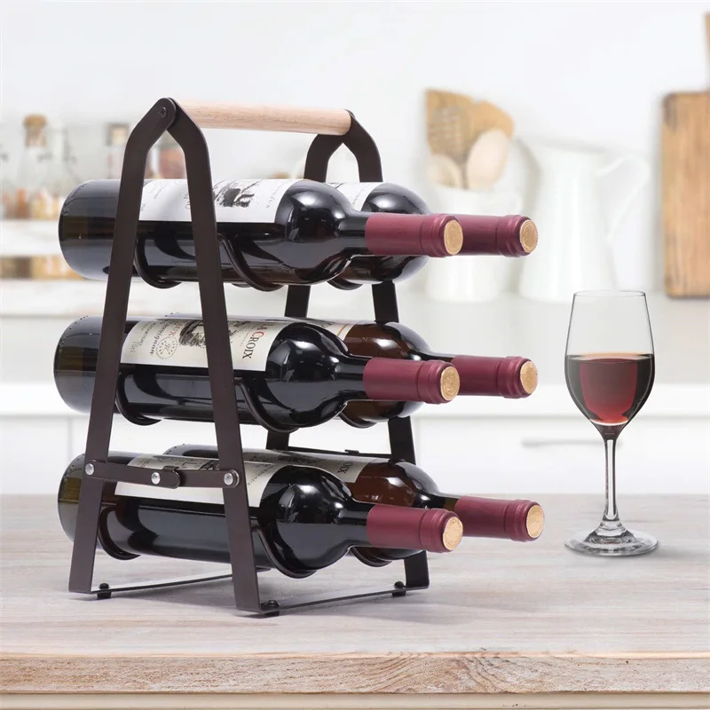 Desktop Red Wine Rack Wine Storage Shelf Creative Combination of Iron and Wood Foldable Red Wine Rack