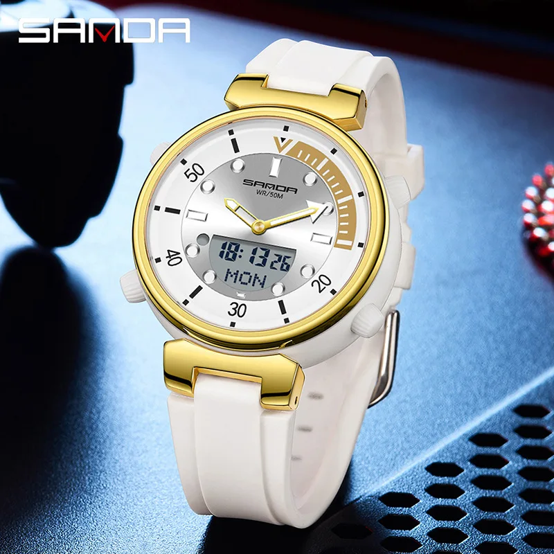 SANDA 2025 New Dual Display Watch for Men and Women with Electronic and Quartz Movement, 50m Waterproof Luminous Student Watch