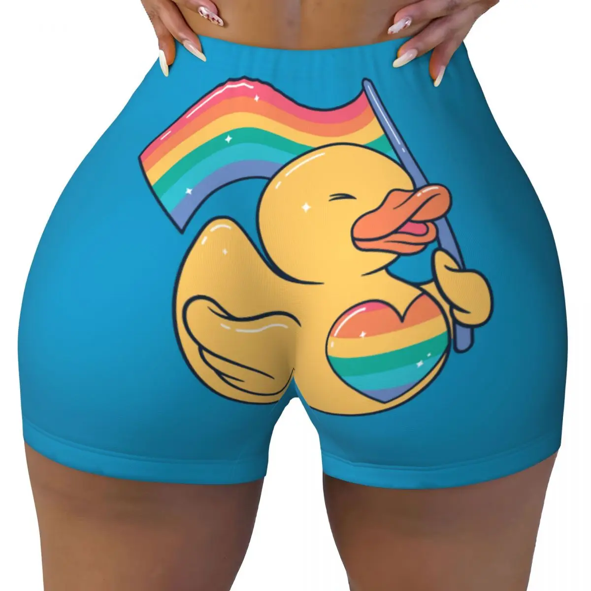 

Custom Cute LGBT Rainbow Rubber Ducky Workout Volleyball Biker Shorts for Women Gym Yoga Shorts