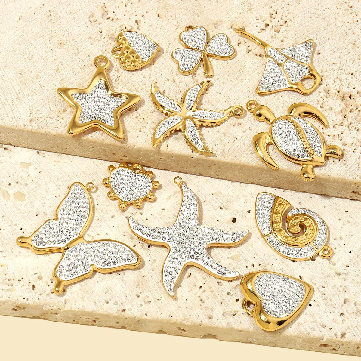 3 unids/lote estrella de cristal francés corazón de acero inoxidable Diy dijes mujeres estrella de mar mariposa COLLAR COLGANTE joyería de tortuga