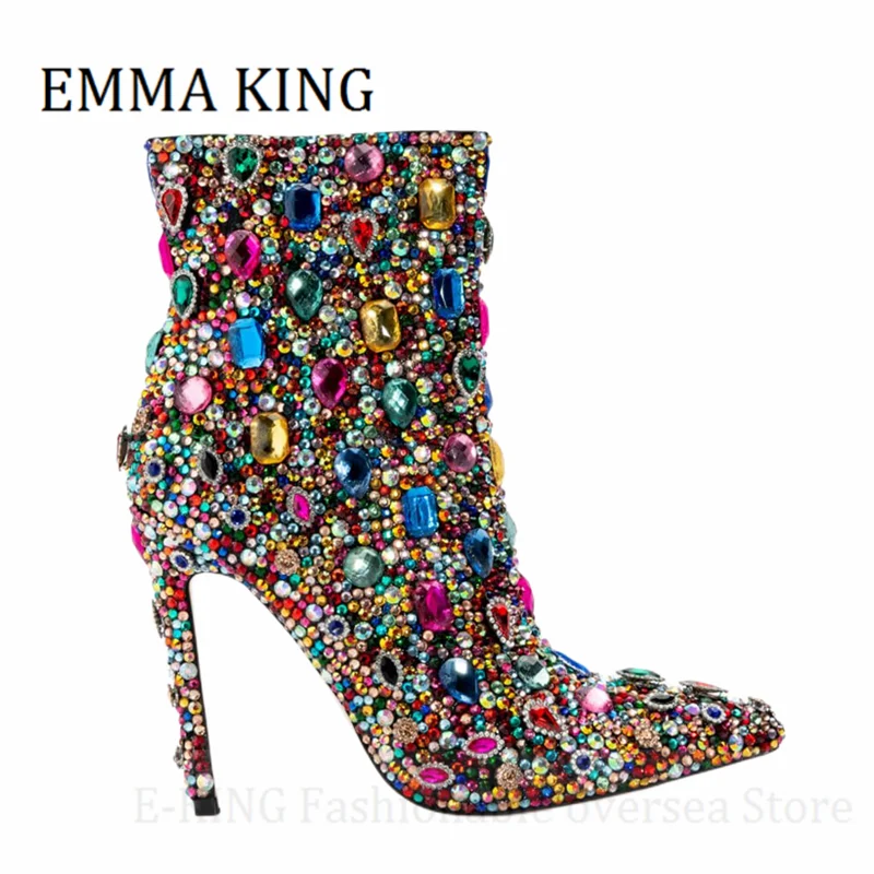 Women Multicolor Crystal Ankle Boots Sexy Stiletto Heels Rhinestone Cocktail Booties Ladies Bling Party Shoes Botas De Mujer