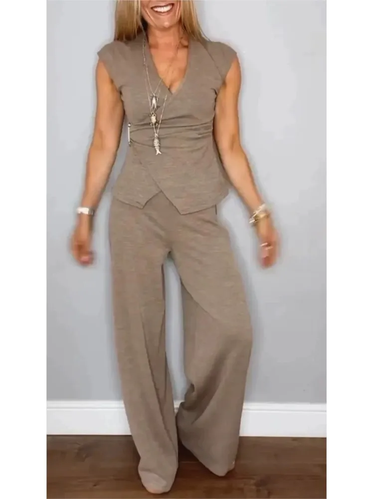 Casual mouwloze V-hals halslijn geplooide knop mouwloze top 2-delige set elegante dames kantoor wijde pijpen lange broek tweedelige set
