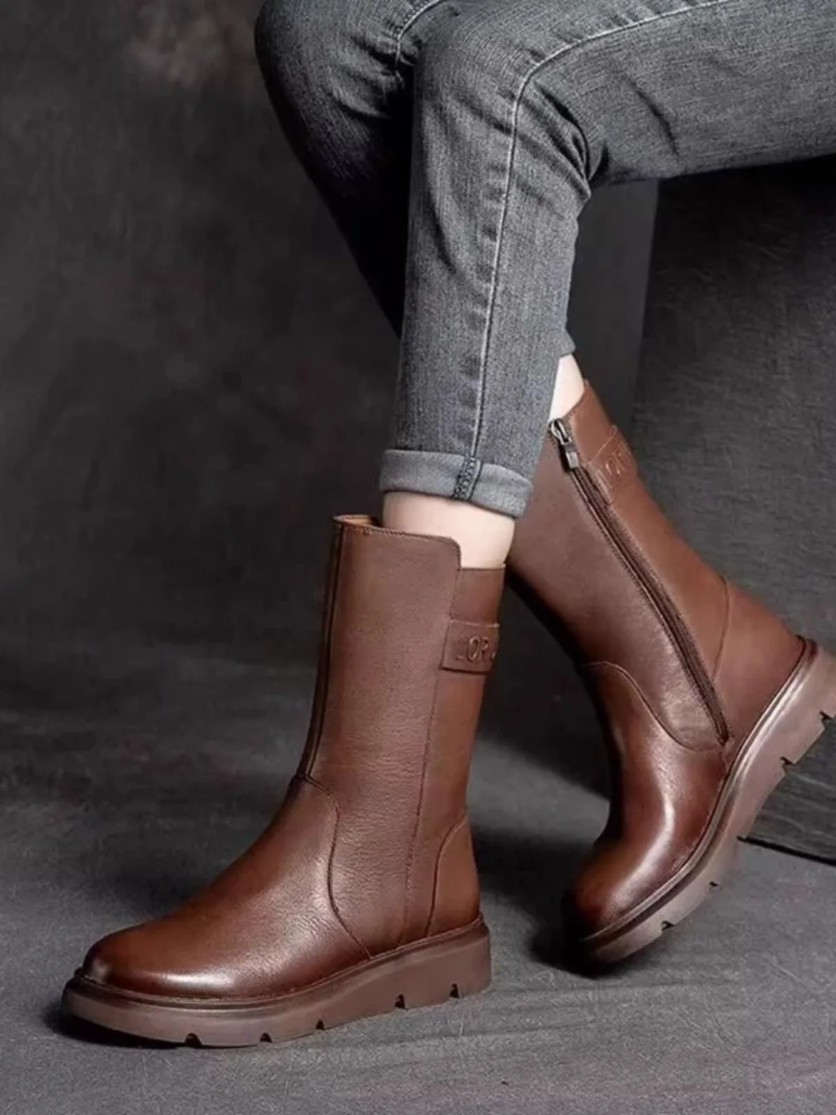 Leather  Boots Women's Mid-Calf Fce Lined Flat Bot Anti-Slip Faion Boots Winter New Sle Soft Bot Women's S...