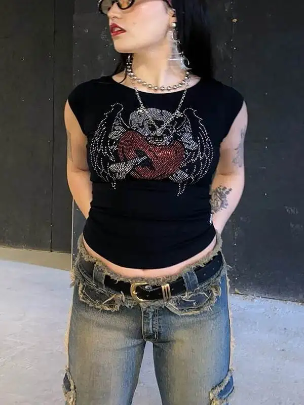 

Готическая базовая футболка с принтом, жилет для женщин, блестящая теплопередача, длина, женская зимняя коллекция Faion, повседневная одежда