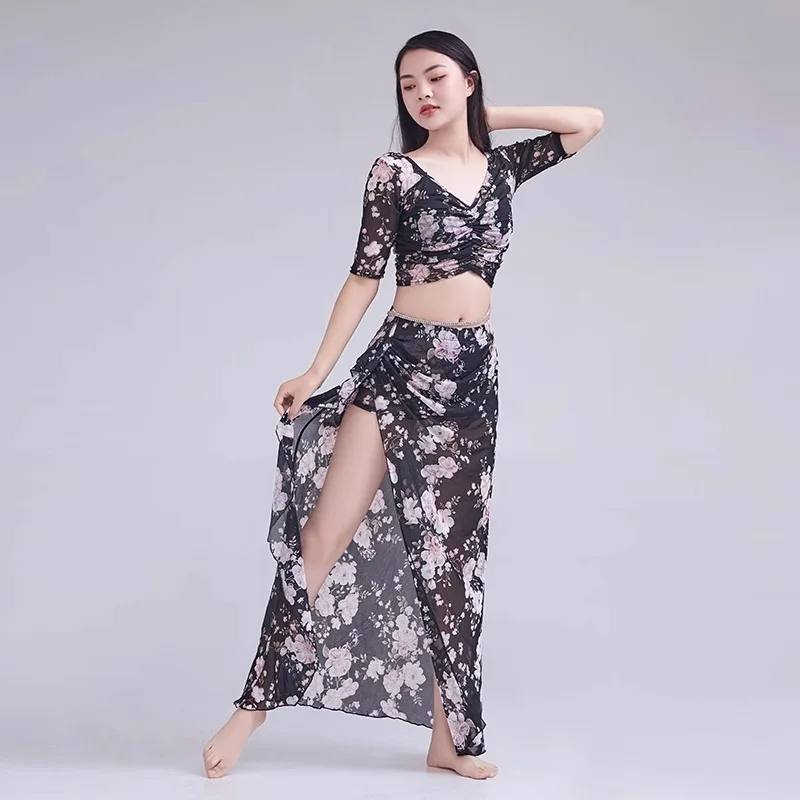 Belly dance training suit spring and summer new sexy long skirt Oriental dance clothing table performance clothing plus size