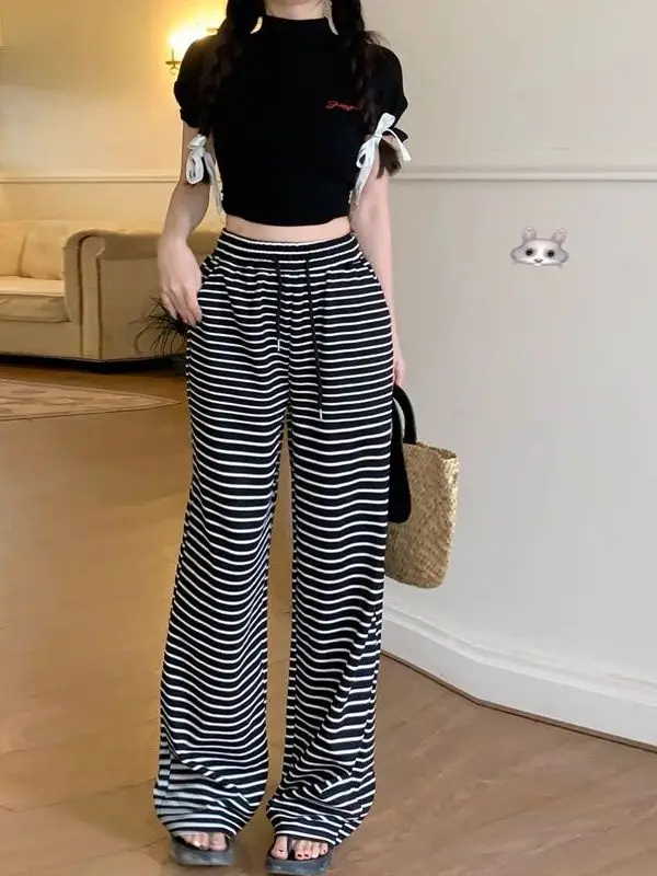 กางเกงขายาวทรงหลวมลายทางเอวสูงสำหรับผู้หญิง รุ่นใหม่สำหรับฤดูหนาว ทรงตรง ผ้าพลิ้ว ยาวคลุมเท้า