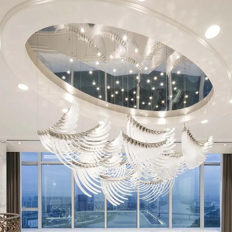 Nordic Glass Luxury Revolving Staircase Feathers designer Chandelier lustre LED Ceiling