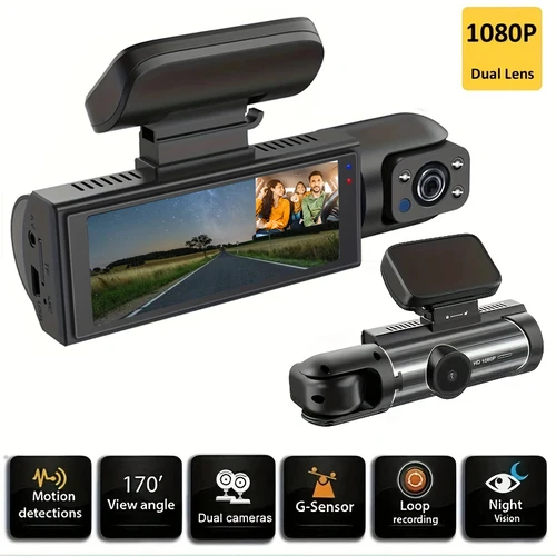 Cámara de salpicadero para coche 1080P, grabadora de vídeo DVR para vehículo, visión nocturna, grabación en bucle, vista frontal interior, 2 cámaras, caja negra para coche, Dashcam