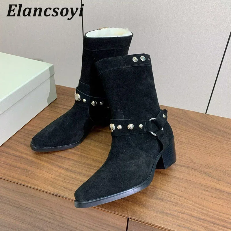 Short Boots Women Metal Rivet Decor Pointed Toe Chunky High Heel Western Cowboy Boots Autumn Winter Wool Lining Ankle Botas 2026