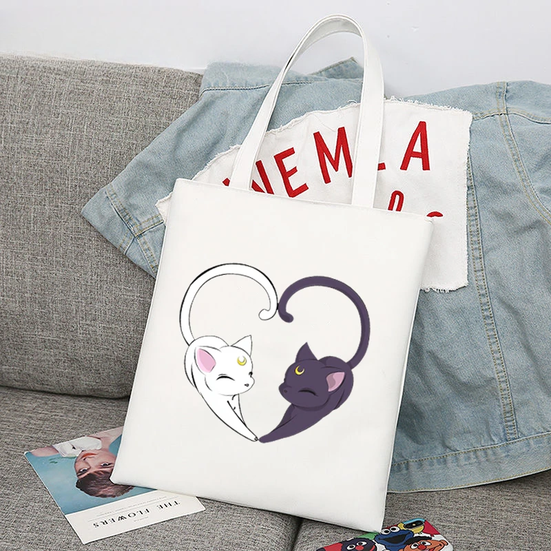 Lovely Funny Moon Cat Heart Fashion Shoulder Bags Large Capacity Wild Messenger Bag Summer New Cute Canvas Handbag Tote Bag