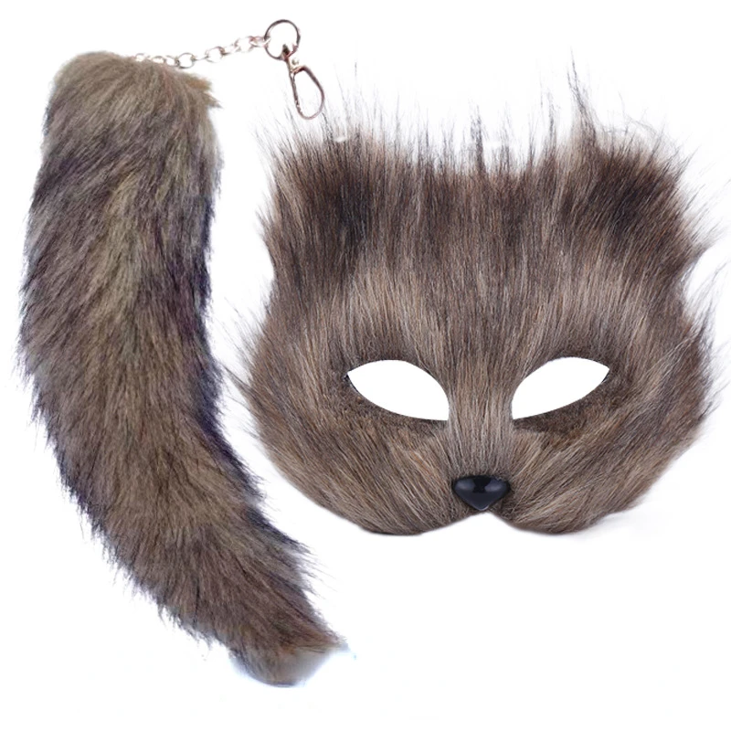 Cat Tail Furry Mask Long Fox Wolf Cosplay Props Half Face Masquerade Masks Fancy Party Black White Red Grey Wedding Festival