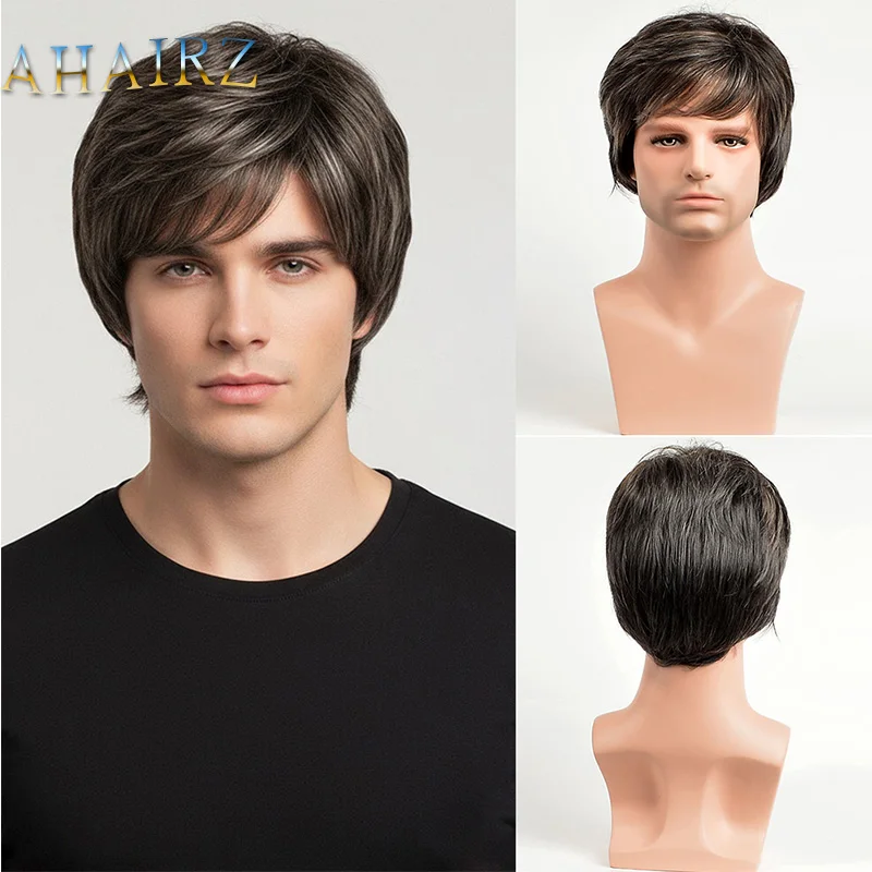 

Synthetic Short Black-brown Mixed Light Gold Straight Wig with Side Bangs for Men Daily Cosplay Party Use Fake Hair Heat Resista