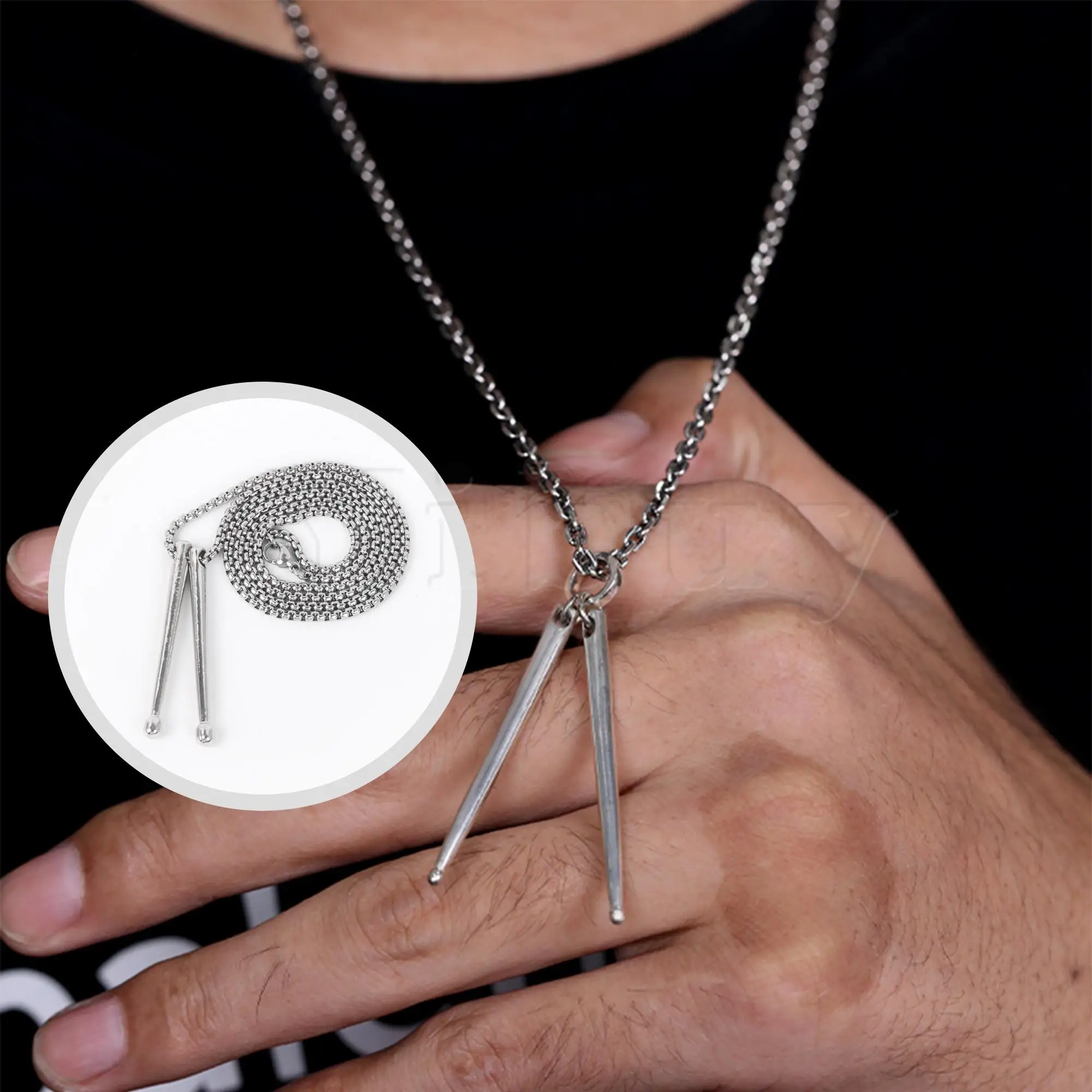 Yibuy Stainless Steel Drum Sticks Necklace for Music Charm Pendant Gift Silver