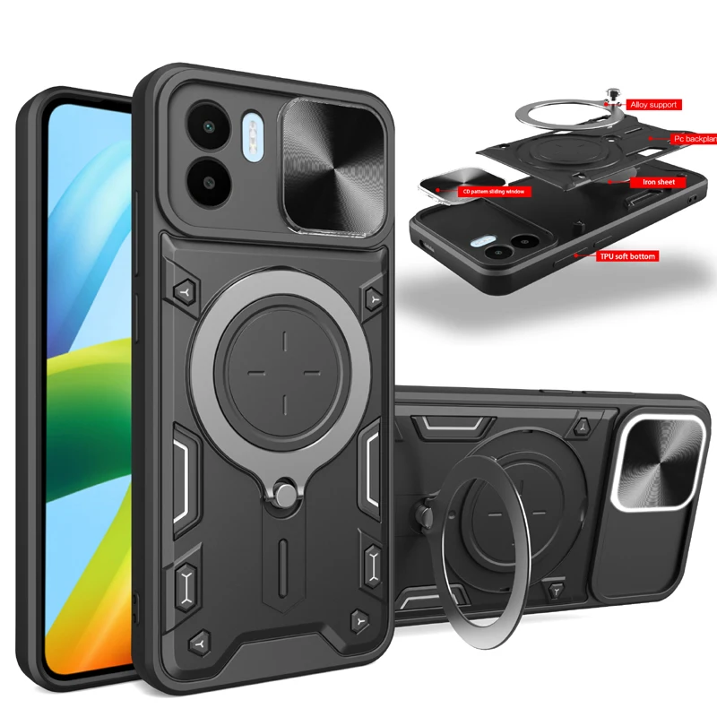 Armor Slide Camera Protect Cover For Redmi 12 12C 13 13C 4G 5G Magnetic Ring Stand Phone Case bag For Redmi 11 Prime Back Cover