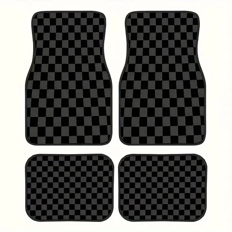 4pcs Checkered Car Mat Set Black Absorbent Anti-Slip Floor Mats Washable Car Mats Vehicle Interior Accessories