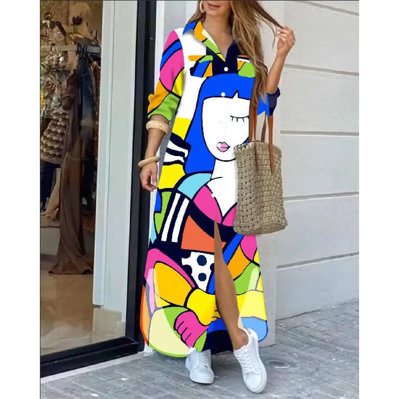 Faionable طويل Sve طباعة طوق Dr المرأة فضفاضة عارضة طويلة Dr Commute Sle عالية الخصر الترا لينة الكتان القطن B...