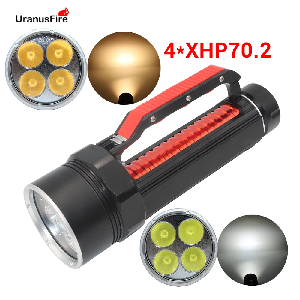 

XHP70.2 LED Portable Flashlight Torch Yellow White Tactical Dive Lamp Light Waterpoof 4*XHP70.2 Scuba Flashlight Underwater 100M