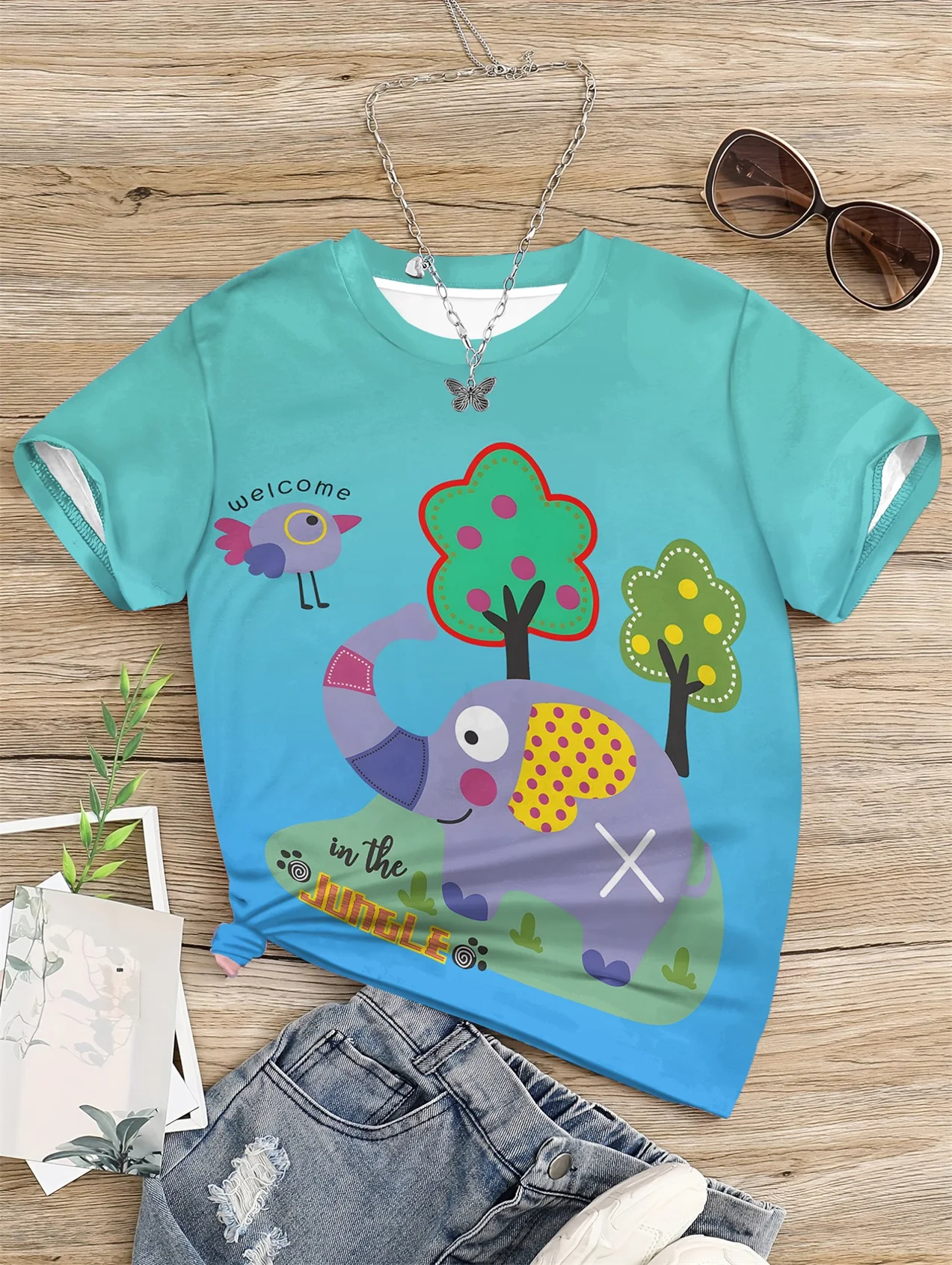 

5 To14 Years Girl Clothes Elephants and Trees Print Green T-shirt Children's Clothing Kids Summer Short Sleeve Child Top Girls