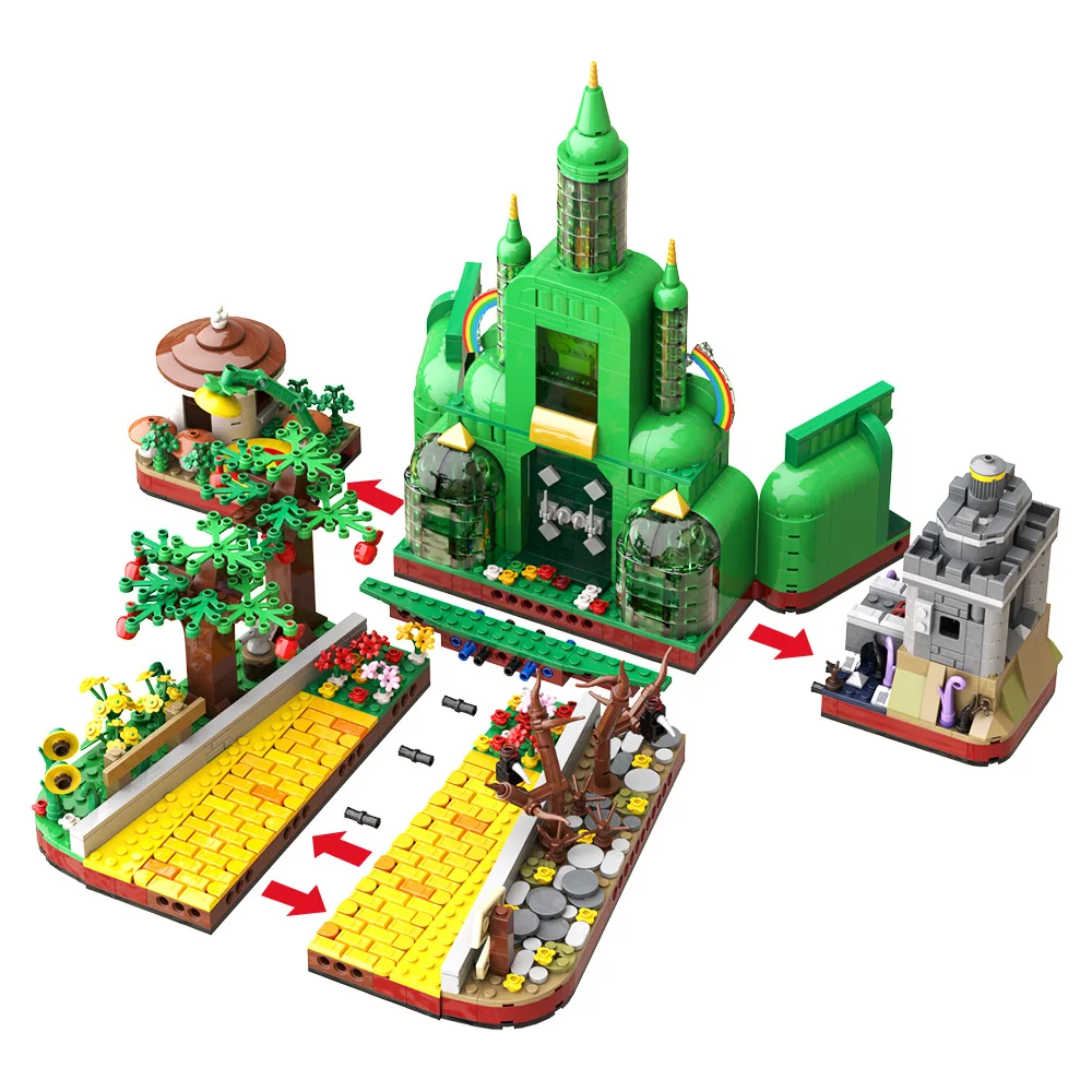 MOC – blocs de construction de ville des émeraudes d'oz, modèle d'architecture de ville émeraude, vue sur la rue, briques à assembler, jouets cadeaux pour enfants
