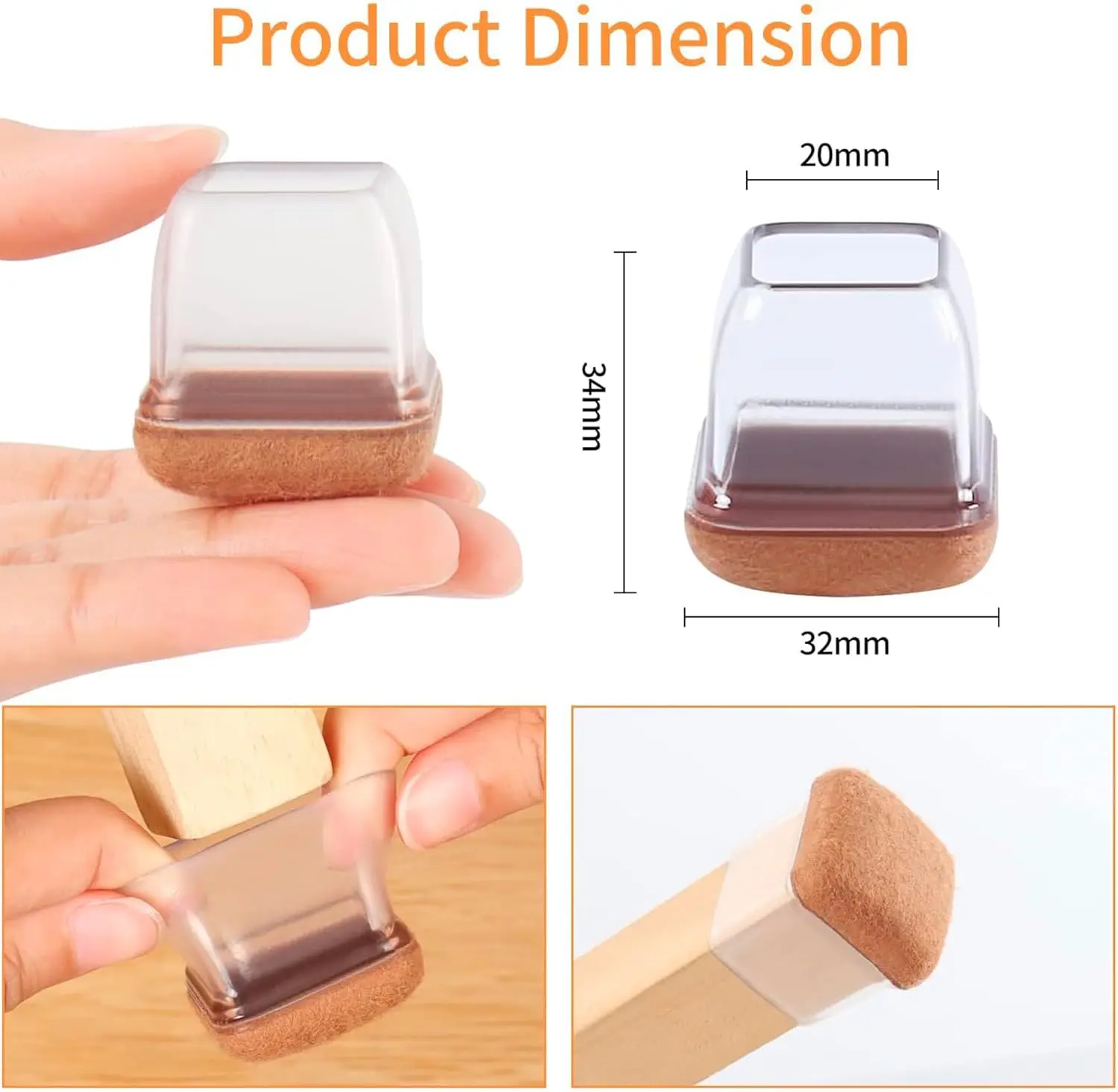 8 Stück rechteckige Stuhlbein-Bodenschutzkappen aus Silikon mit Filzfuß-Endkappen, Breite 22-32 mm, für Stühle und Tische, geräuscharm – Detail 3