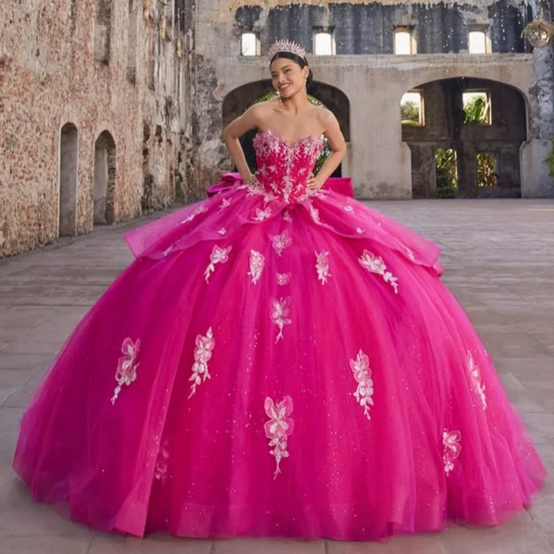 

Shiny rose pink Quinceanera Dress off-shoulder sequins flower Decal Long tail Bow Vestidos De 15 Quinceanera ﻿Customize