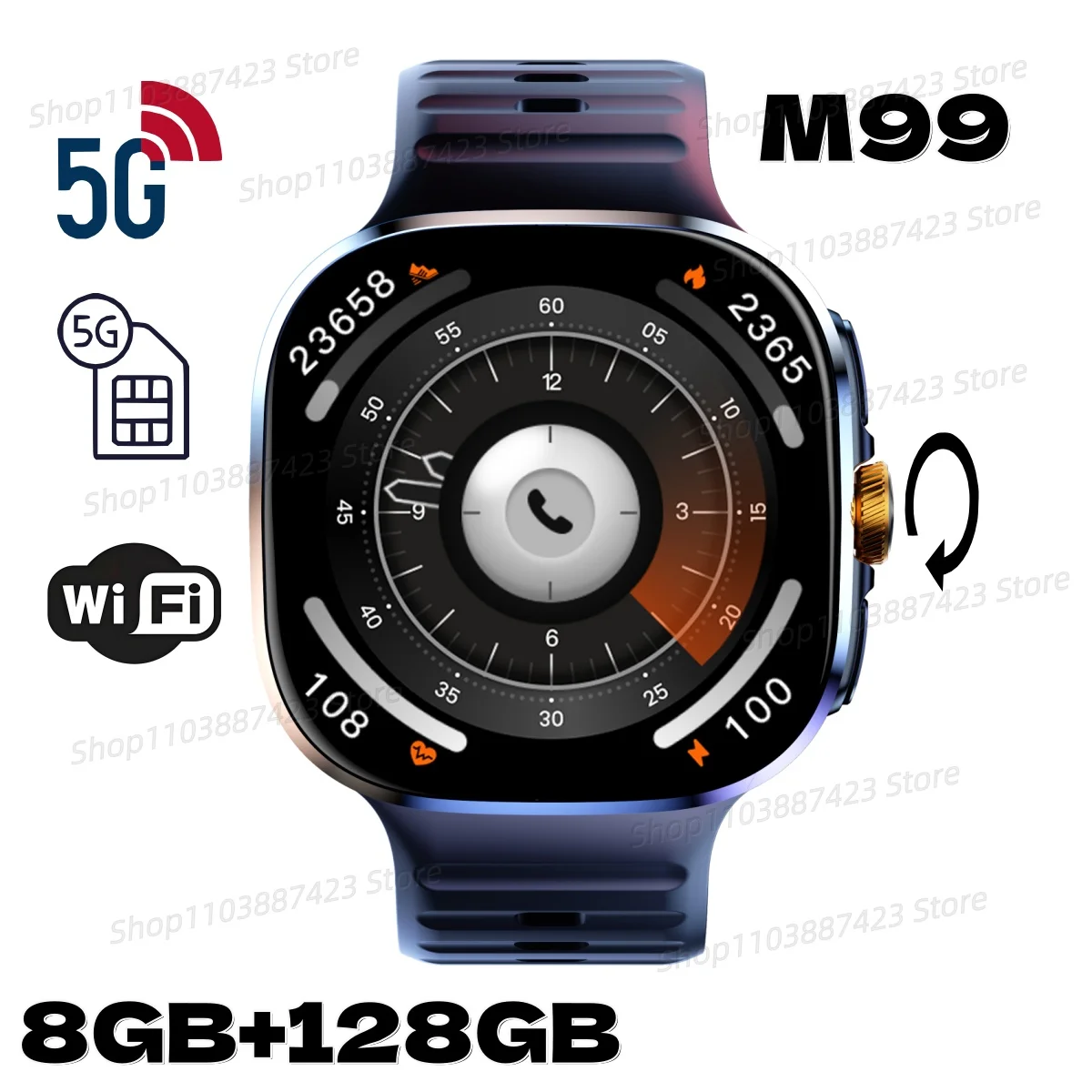 

Global Version M99 Smartwatch 2.4 inch Amoled Screen insert Sim Card GPS WIFI 190° Rotating Camera Game Android 10.0 Smart Watch